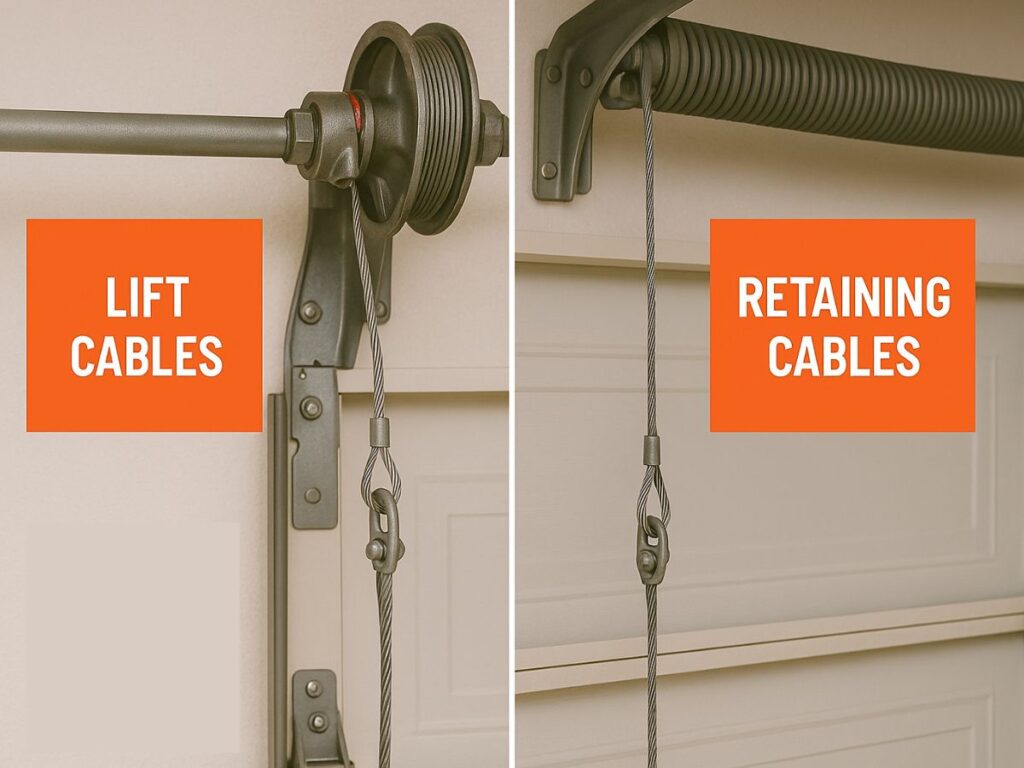 Side-by-side comparison of garage door lift cables and retaining cables, both critical components in garage door cable replacement and overall system safety.